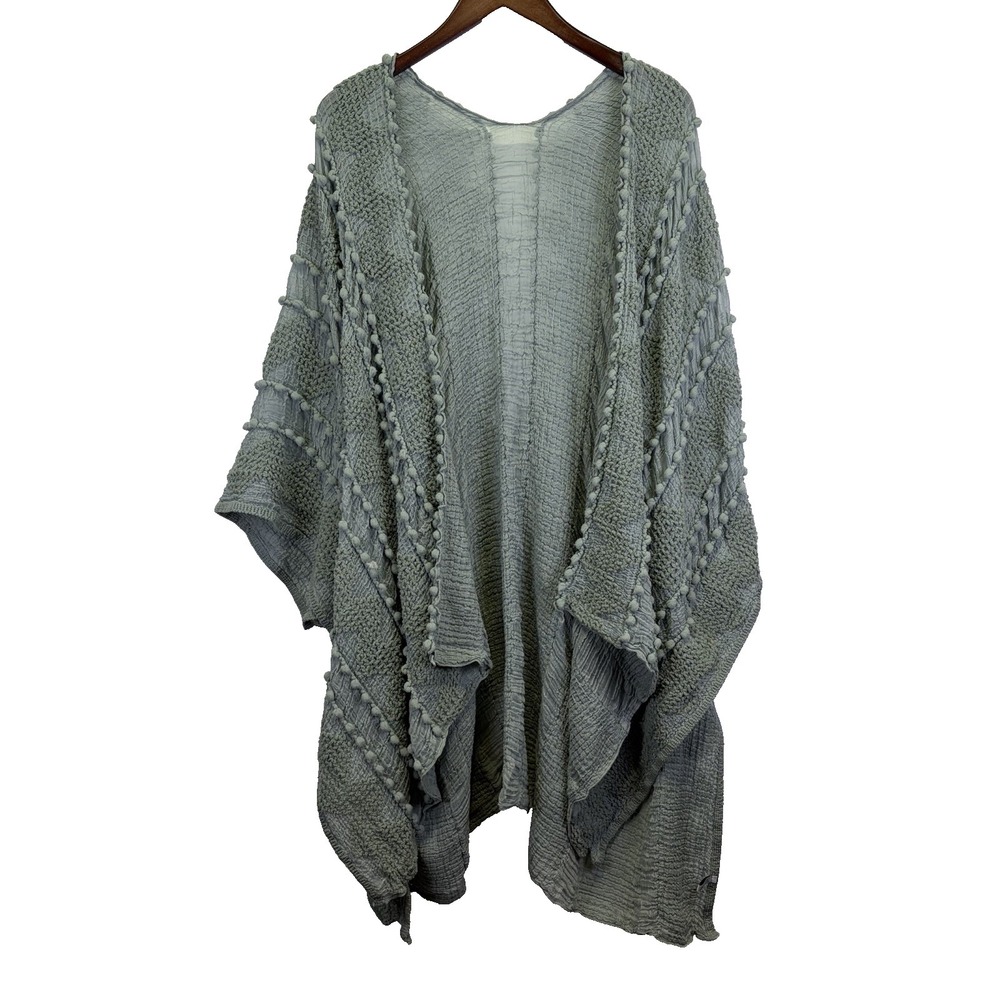 Woman's One Size Sage Lightweight Kimono Beach‎ Coverup Sheer Pom Pom Bohemian